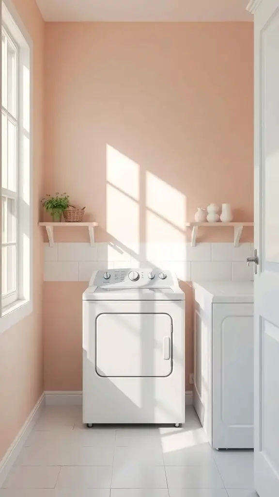 A bright and light laundry room with peach walls, white appliances, and natural light.