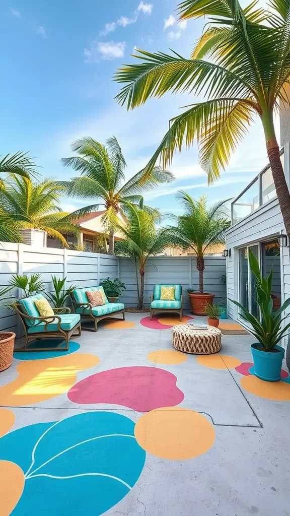 45 Creative Paint Ideas for Your Concrete Patio 5 A colorful concrete patio with bright patterns and palm trees.