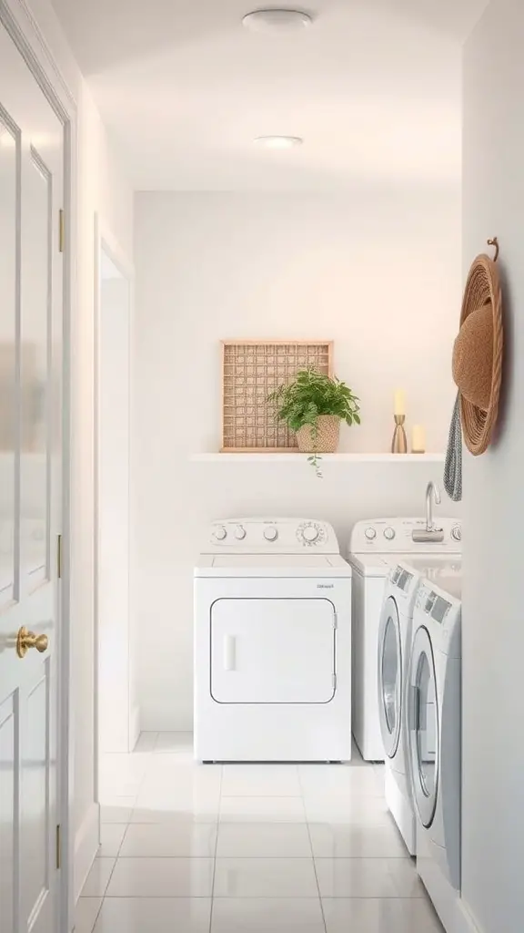 23 Creative Narrow Laundry Room Ideas You’ll Love 4 A bright and airy narrow laundry room with white walls, modern appliances, and decorative elements.