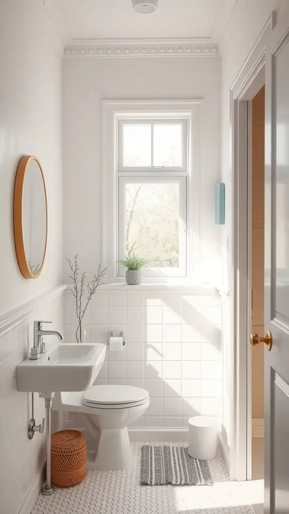 19 Stunning Small Full Bathroom Ideas for Maximum Style 5 A bright and airy small bathroom with white walls, a modern sink, and a window allowing natural light in.
