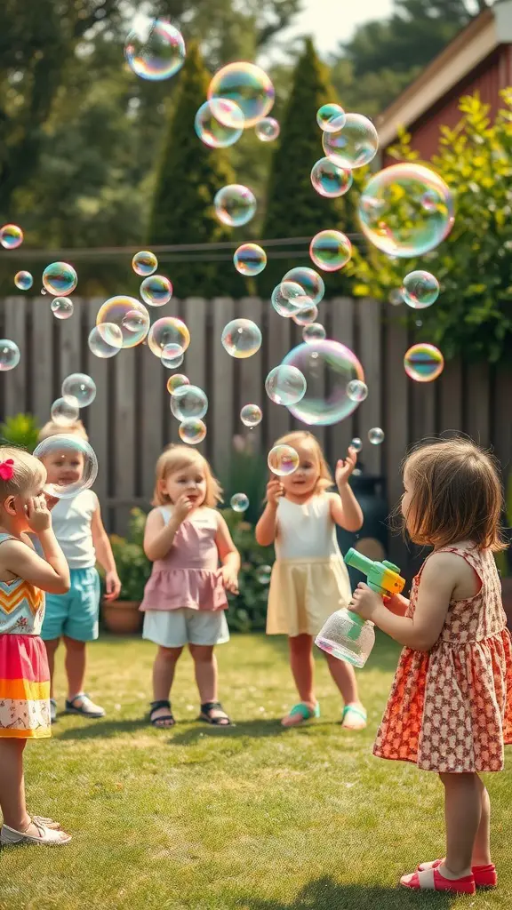 Children playing with bubbles at a backyard birthday party