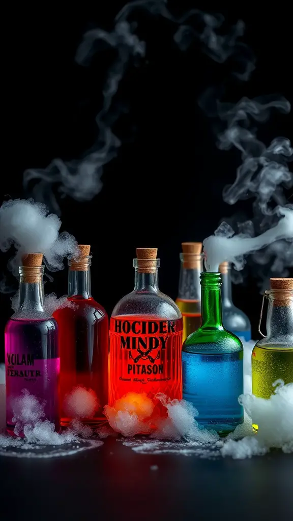 Colorful bubbling potion bottles with smoke