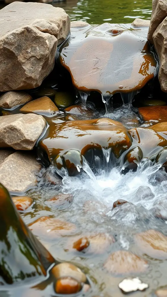 A bubbling rock water feature with smooth stones and flowing water.