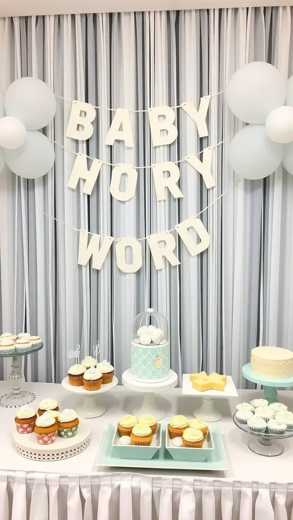 17 Creative Dollar Tree Baby Shower Ideas on a Budget 6 A beautifully arranged dessert table for a baby shower with cupcakes, a cake, and a decorative banner.