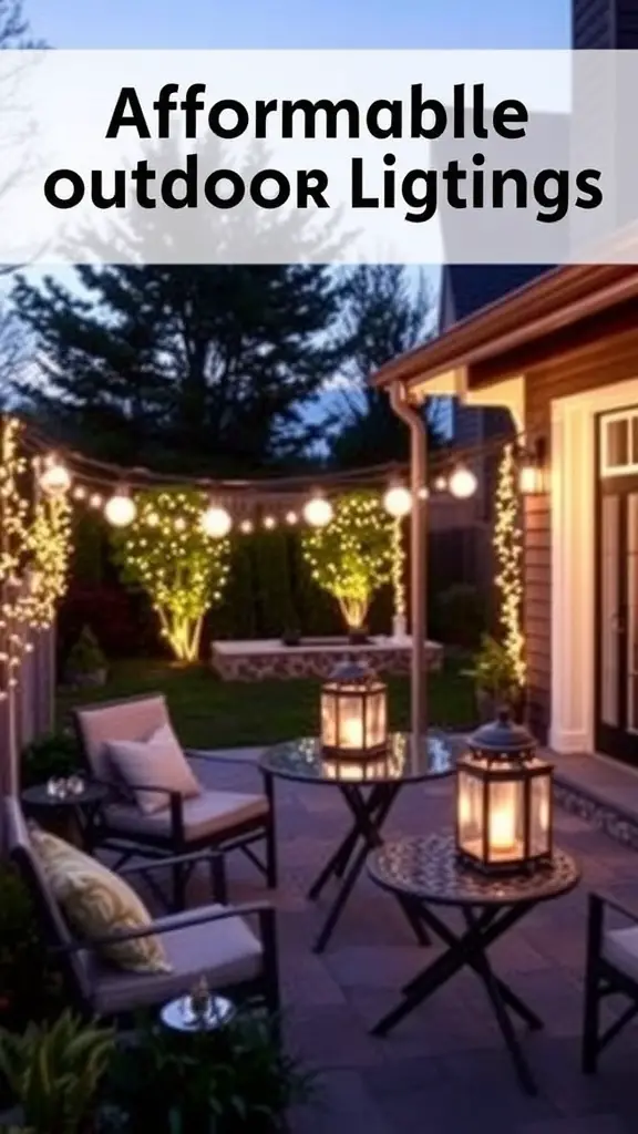 A cozy outdoor patio with string lights and lanterns, creating a warm atmosphere.