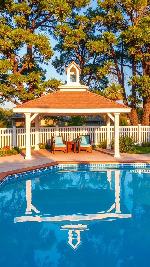 19 Inspiring Above Ground Pool Ideas for Your Backyard Oasis 17 A gazebo near an above-ground pool surrounded by trees and flowers.