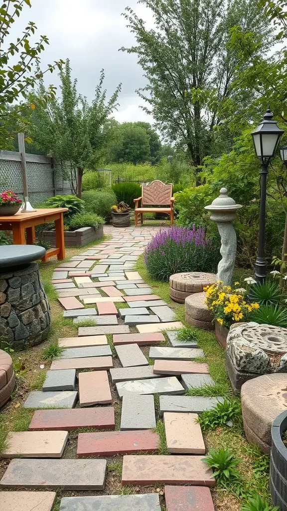 15 Creative Junk Garden Ideas to Transform Your Backyard 5 A winding garden pathway made of various stones and bricks, surrounded by greenery and flowers.