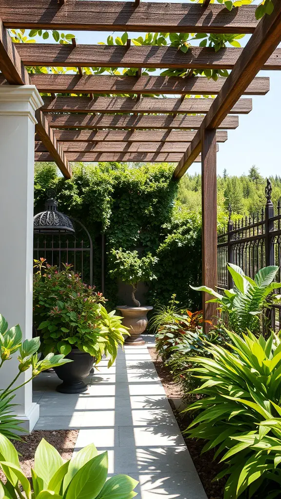 19 Creative Shadow Garden Ideas to Transform Your Outdoor Space 14 A wooden pergola providing shade in a lush garden with various plants.