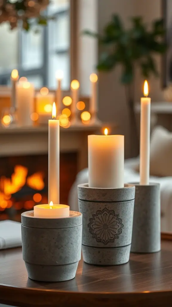 29 Creative DIY Concrete Molds for Your Next Project 2 Three concrete candle holders with candles lit, placed on a wooden table.