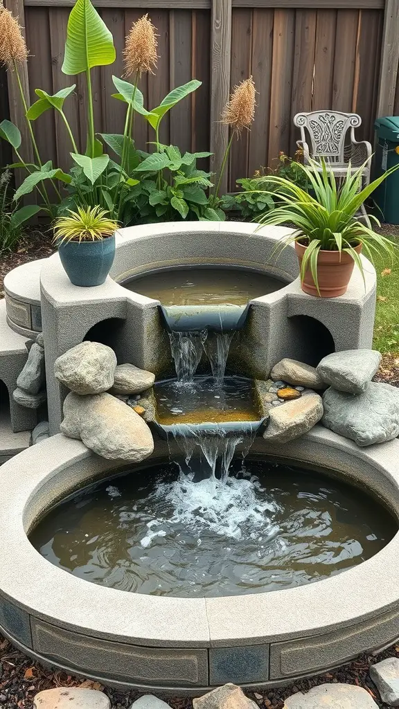 29 Creative DIY Concrete Molds for Your Next Project 16 A DIY concrete water feature with plants and rocks.