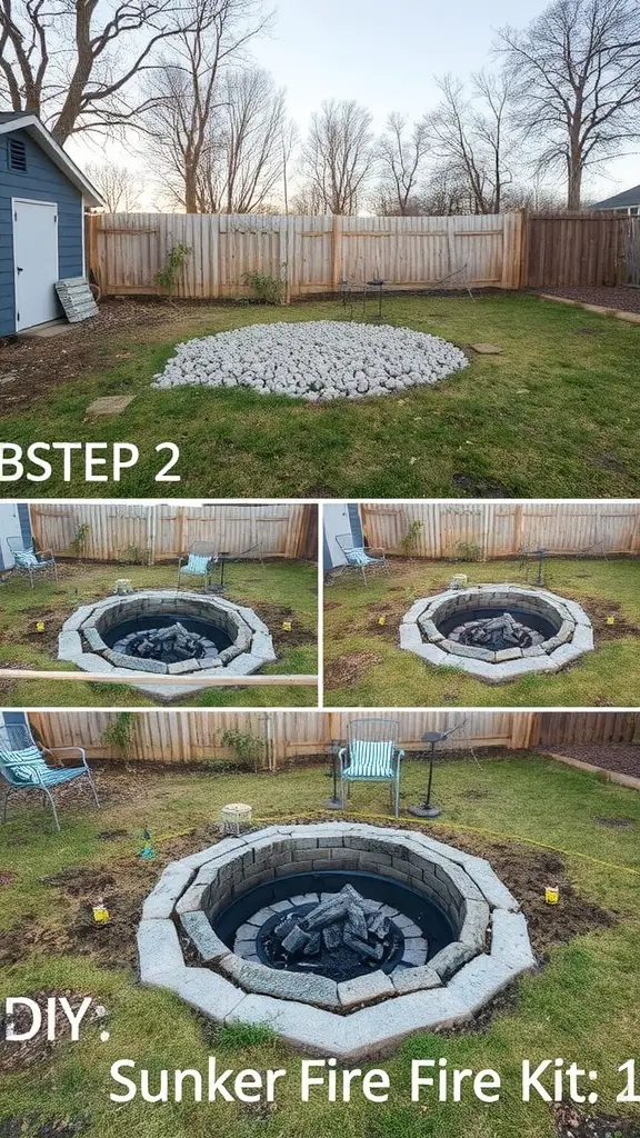 Step-by-step process of building a sunken fire pit in a backyard.