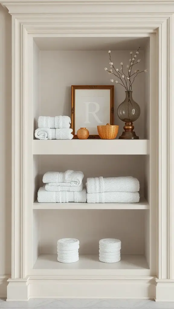 Built-in bathroom shelving with neatly folded towels and decorative items