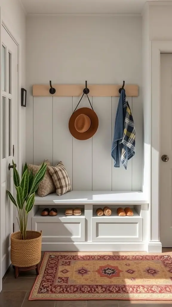 A cozy entryway with a built-in bench featuring storage for blankets, hooks for hanging items, and a potted plant.