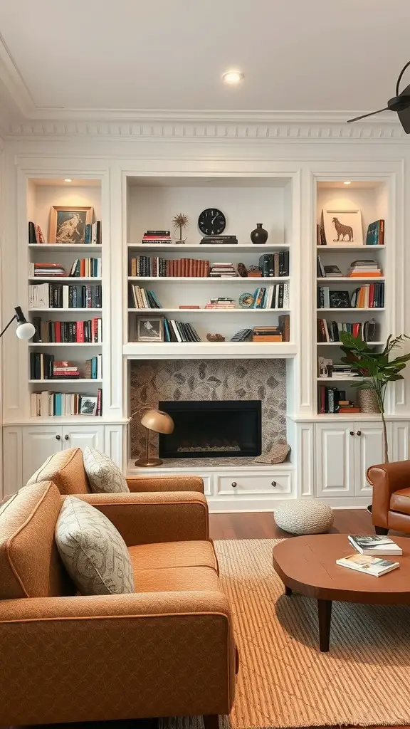 23+ Creative Book Storage Ideas for Every Space 12 A cozy living room featuring built-in bookcases filled with books and decorative items, complemented by warm furniture and soft lighting.