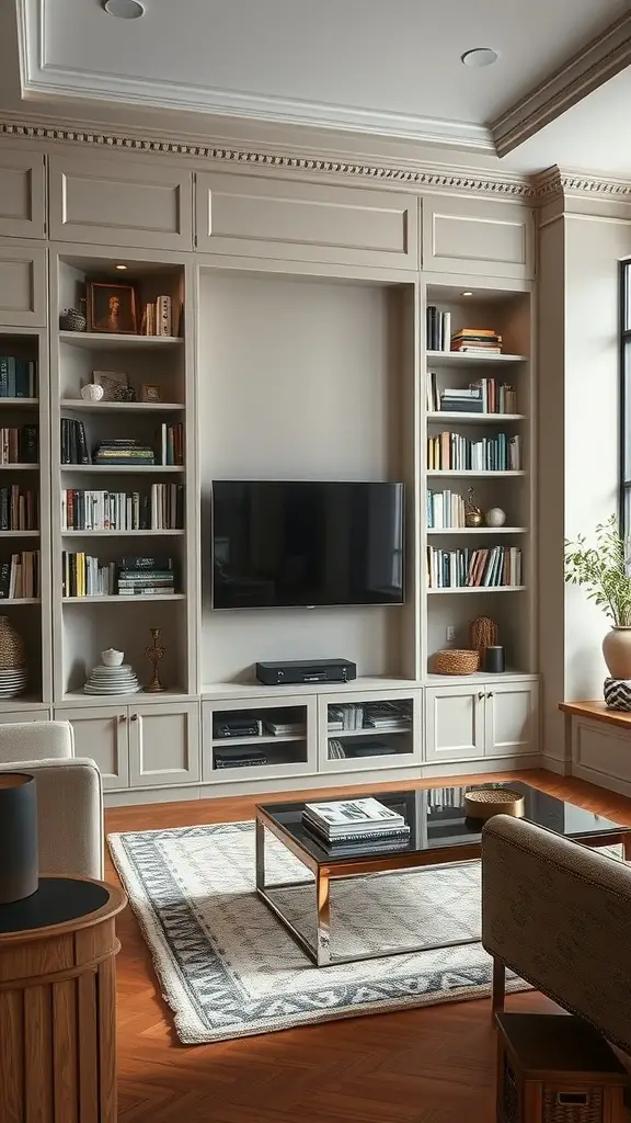21 Creative Wall Storage Ideas to Maximize Your Space 16 A living room featuring built-in cabinets with shelves and a television, showcasing a stylish and organized storage solution.