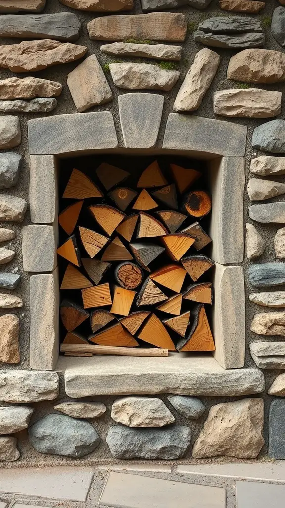 19 Creative Outdoor Firewood Storage Ideas You'll Love 8 A built-in stone compartment filled with neatly stacked firewood.