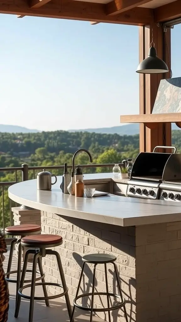 23 Stylish Outdoor Furniture Ideas for Your Dream Patio 12 A modern built-in outdoor kitchen island with a grill, curved countertop, and bar stools, surrounded by a scenic view.