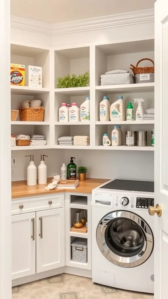 23+Creative Laundry Room Storage Ideas You Need to Try 13 A well-organized laundry room with built-in shelves, showcasing laundry supplies and neatly folded towels.