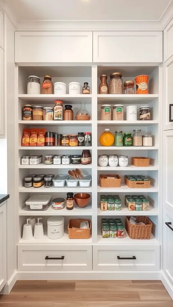 41+Inspiring Pantry Shelving Ideas to Maximize Your Space 16 A well-organized pantry with built-in white shelving, filled with jars, containers, and baskets.