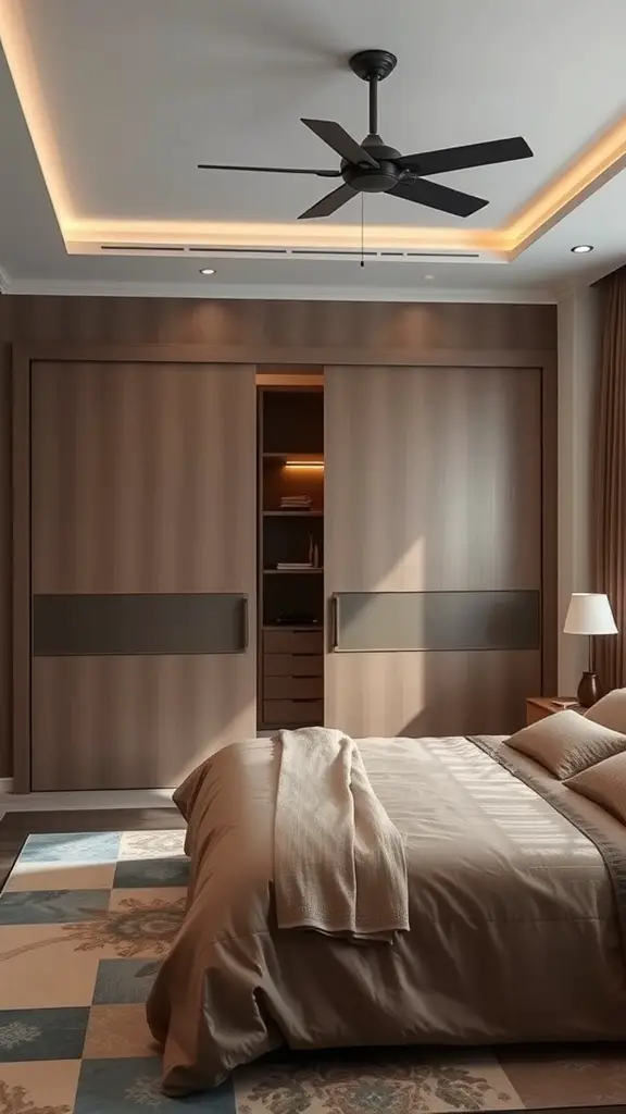 15 Creative Bedroom Storage Ideas for a Clutter-Free Space 5 A modern bedroom featuring a built-in wardrobe with wooden panels and integrated lighting.