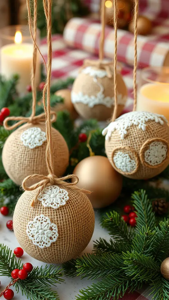 Burlap and lace ornaments hanging among greenery and candles