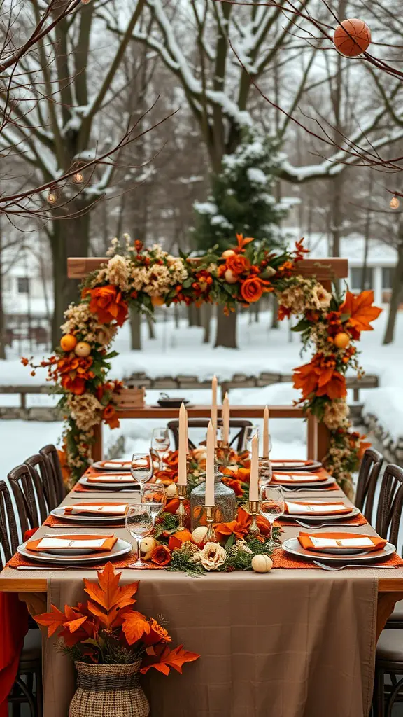 A winter wedding table setting with burnt orange and rustic brown decorations, surrounded by snow-covered trees.