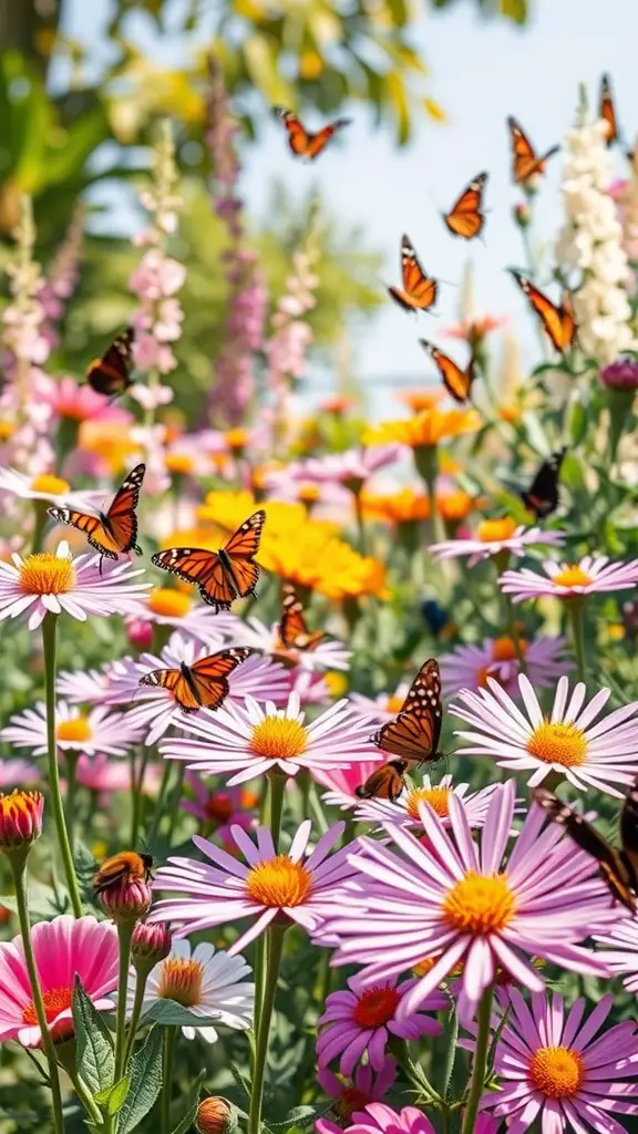 A vibrant butterfly and pollinator garden filled with colorful flowers and butterflies.