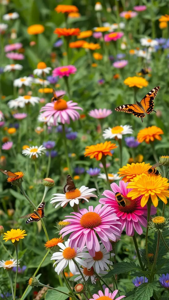 A colorful garden filled with various flowers and butterflies, creating a lively pollinator habitat.