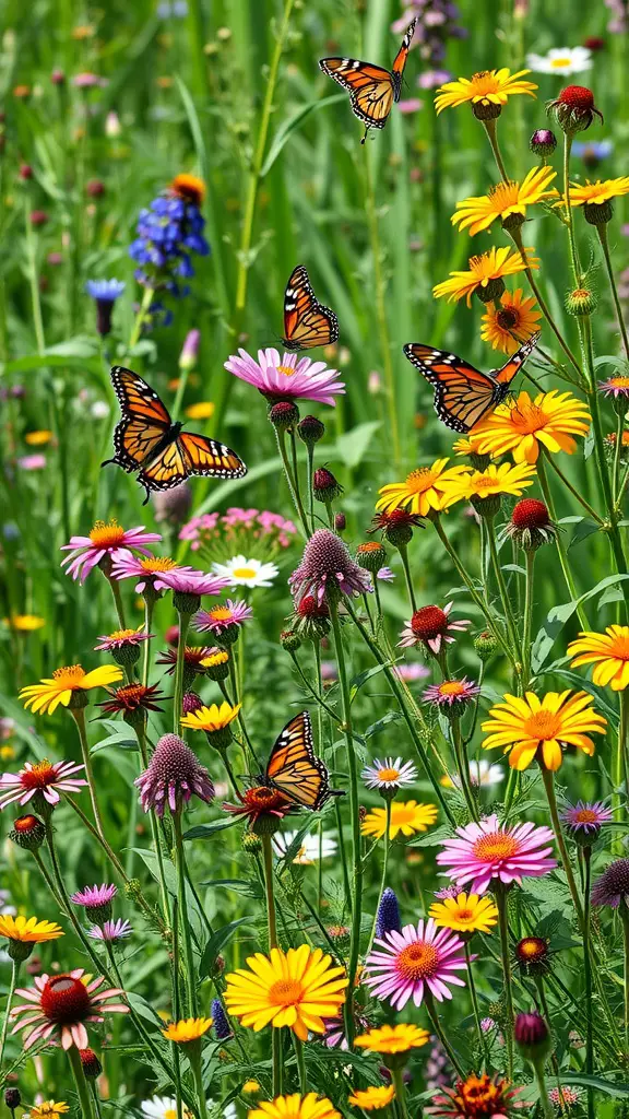A colorful wildflower garden with butterflies fluttering among the flowers.