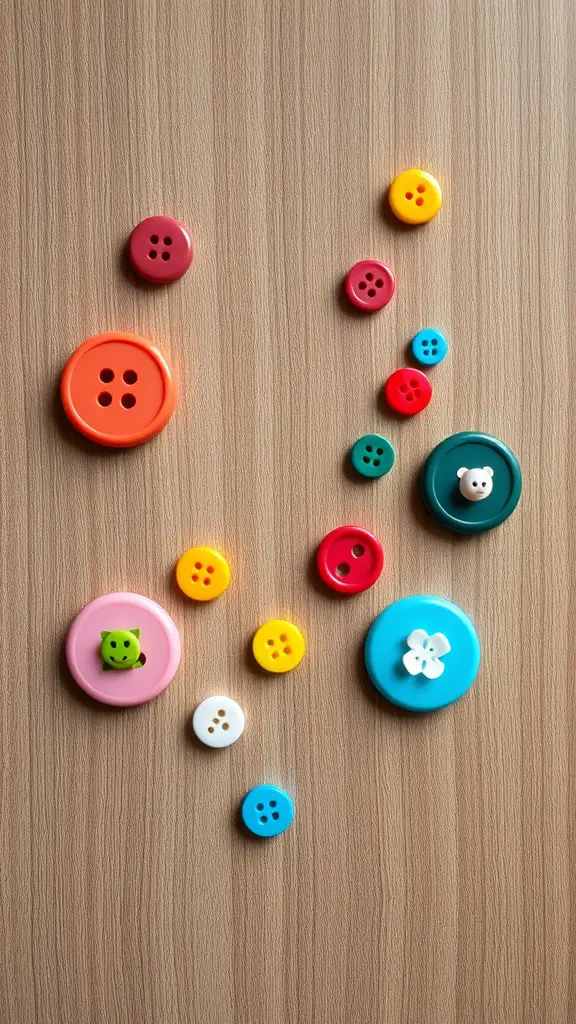 Colorful buttons arranged on a wooden surface, showcasing various shapes and designs.