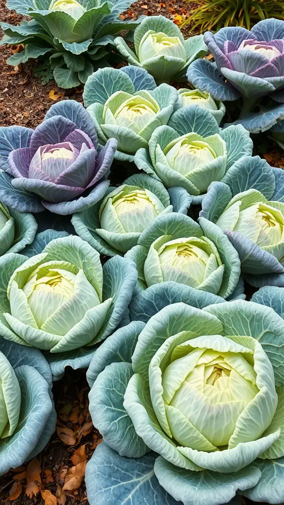 19 Creative Fall Vegetable Garden Ideas for a Bountiful Harvest 12 A vibrant display of different cabbage varieties in a garden setting.