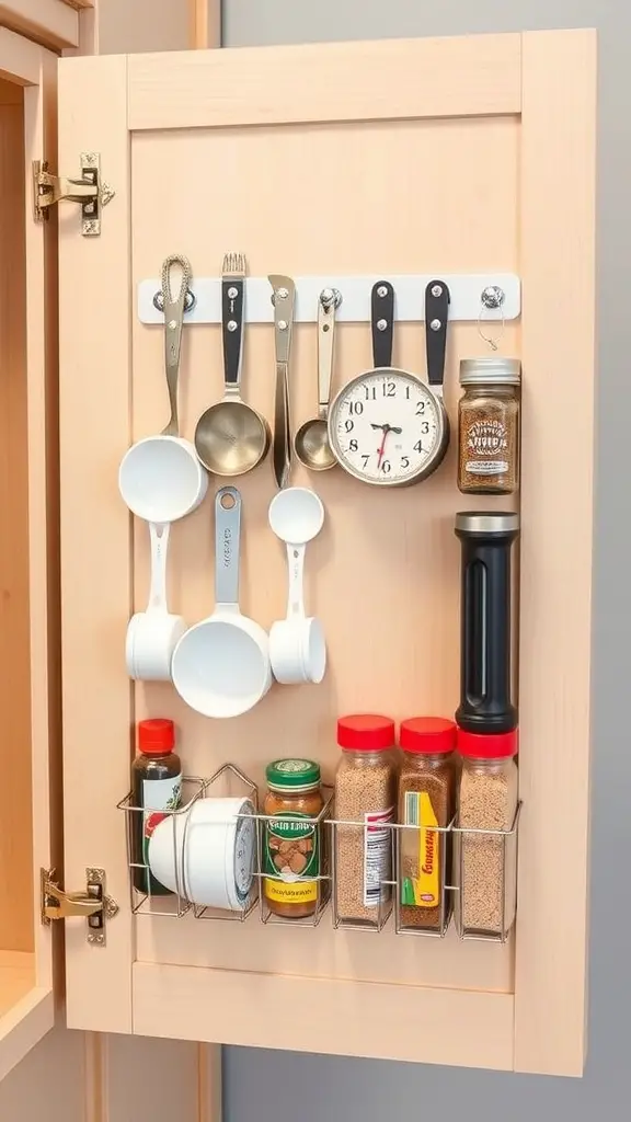 17 Smart Small Kitchen Storage Ideas You’ll Love 13 Organized cabinet door with hooks for utensils and a rack for spices
