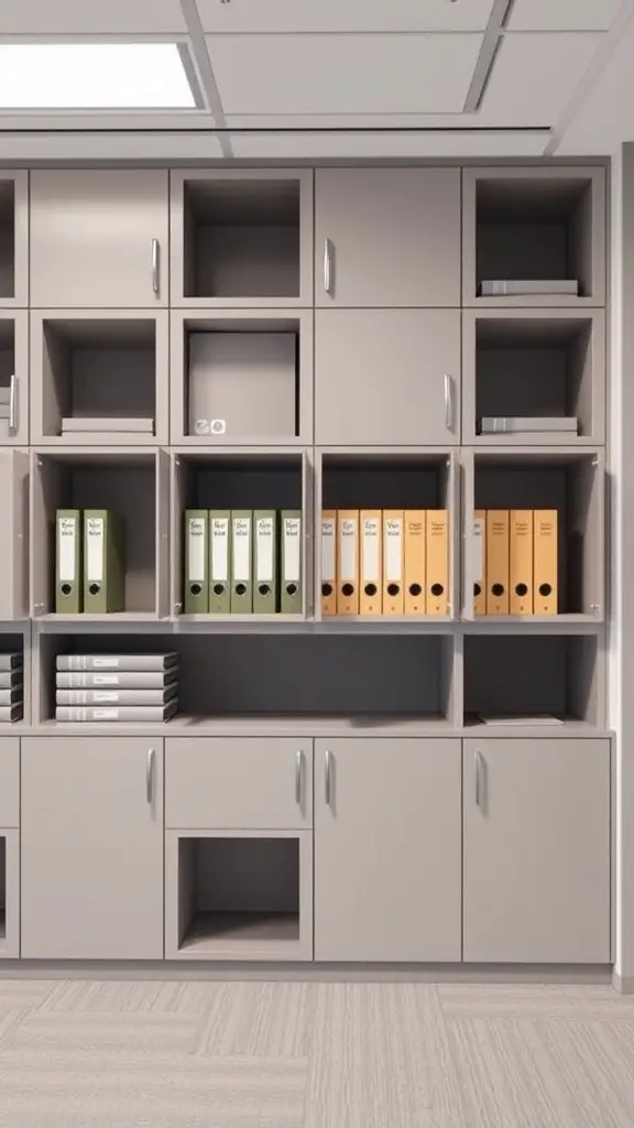 15 Creative Office Storage Ideas to Maximize Space 13 Modern office cabinet system with open shelves and closed storage