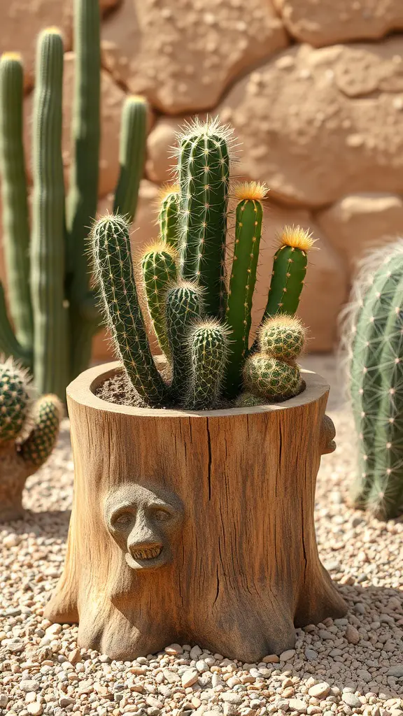 A tree stump planter with various cacti arranged inside, featuring a carved face on the stump.