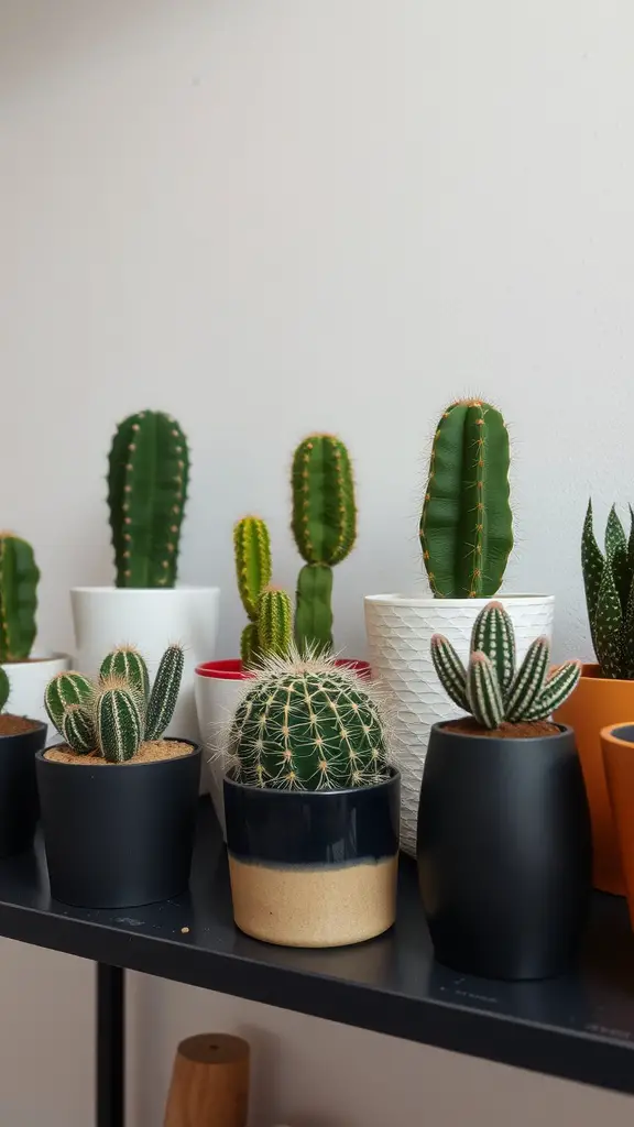 17 Creative Indoor Garden Ideas to Transform Your Space 16 A collection of various cacti in decorative pots displayed on a shelf.
