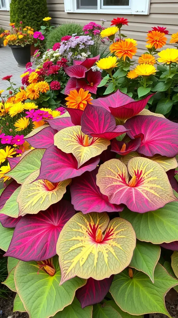 21 Stunning Fall Flower Bed Ideas to Beautify Your Home 11 Colorful caladium leaves surrounded by various flowers in a garden setting.