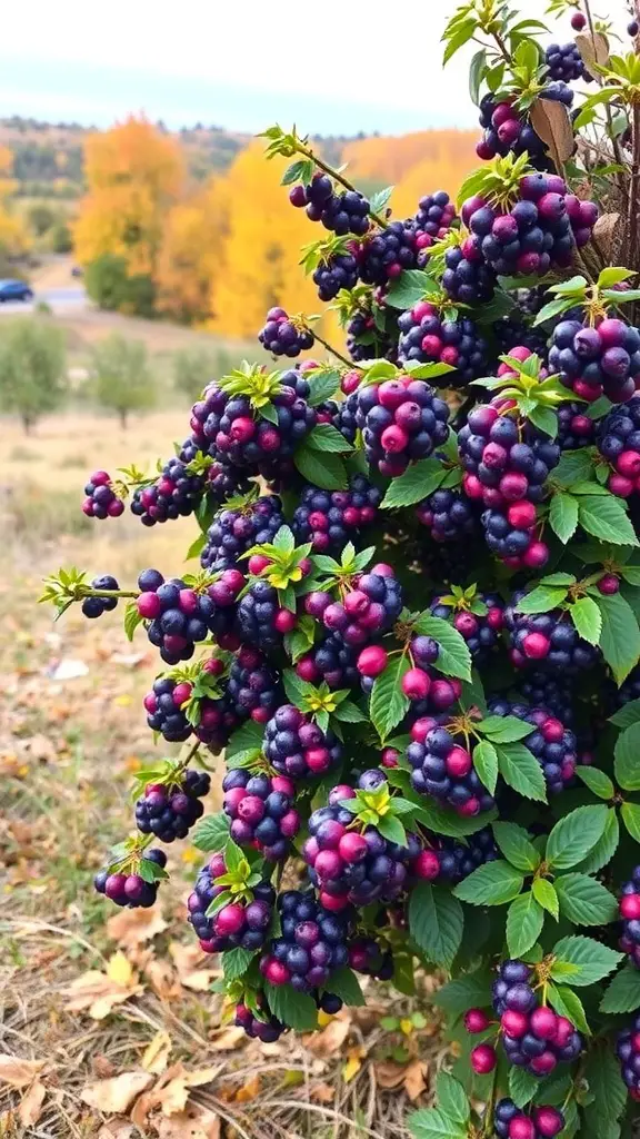 19 Stunning Fall Plants to Brighten Your Garden 16 A close-up of a beautyberry bush with clusters of purple and pink berries, set against a backdrop of autumn trees.