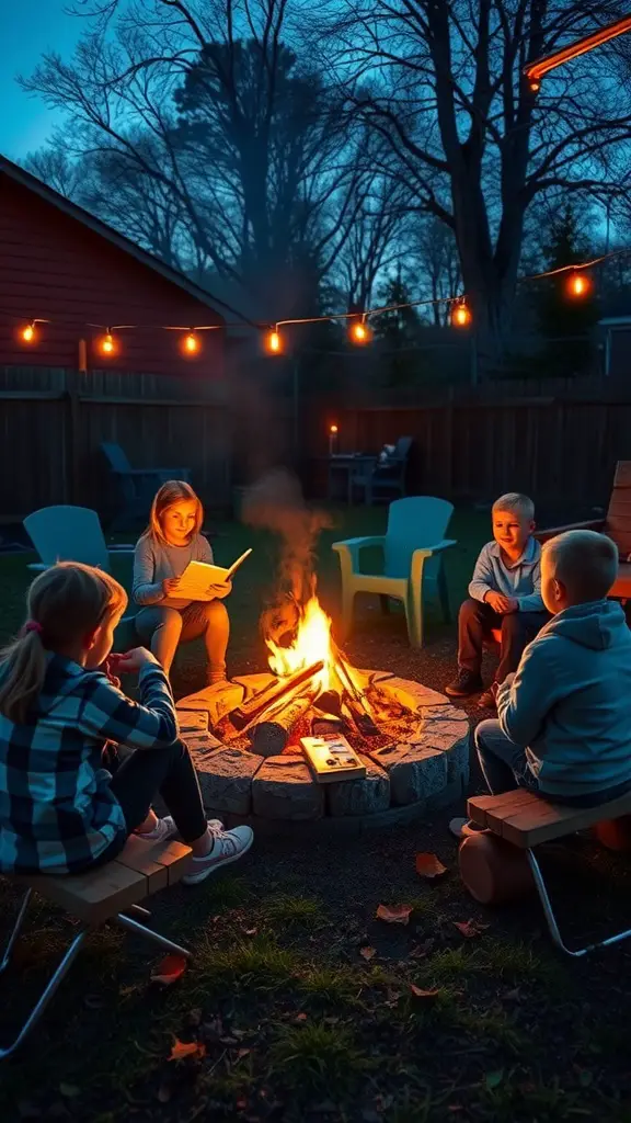 Children sitting around a campfire in a backyard, sharing stories at night.