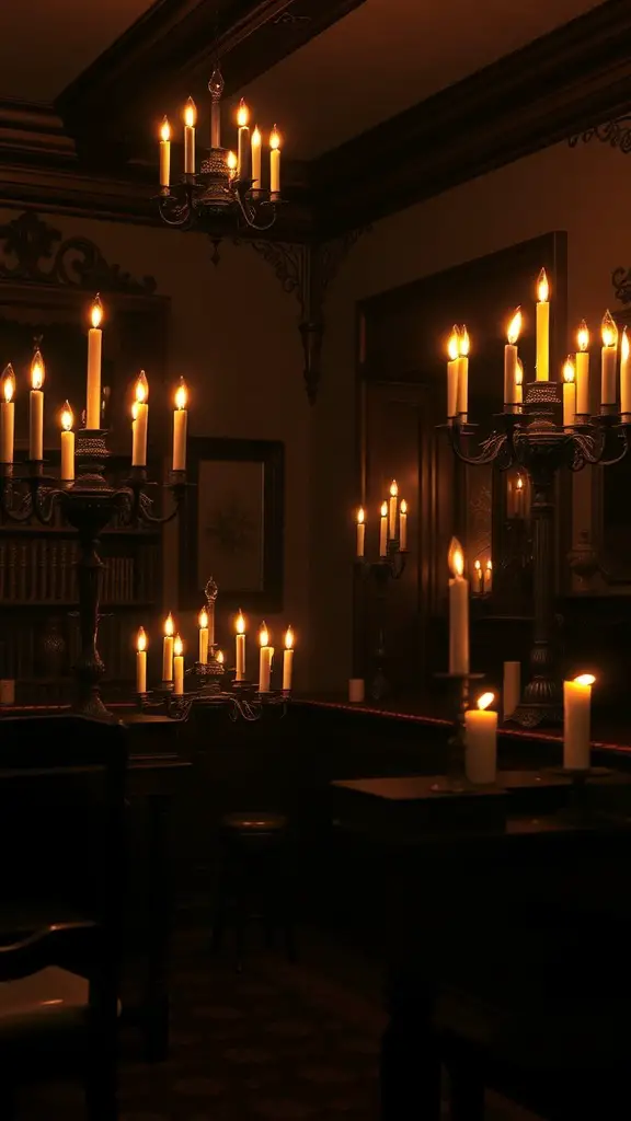 A dimly lit gothic room filled with candles, creating a warm and romantic atmosphere.