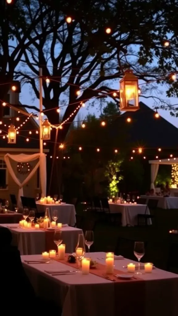 21 Creative Ideas for a Stunning Backyard Micro Wedding 5 A beautifully decorated backyard for a wedding celebration, featuring tables with candles and lanterns under a twilight sky.