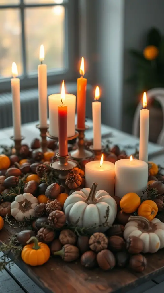 17 Stunning Fall Centerpieces for Your Dining Table 10 A cozy candlelit harvest display featuring pumpkins, acorns, and candles on a wooden table.
