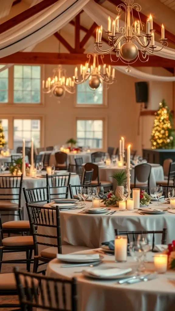 A beautifully arranged reception area with candlelit tables, elegant decor, and chandeliers.