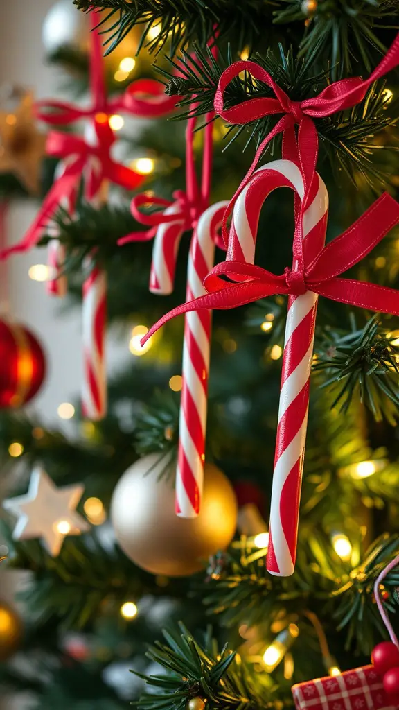 Candy cane ornaments hanging on a Christmas tree