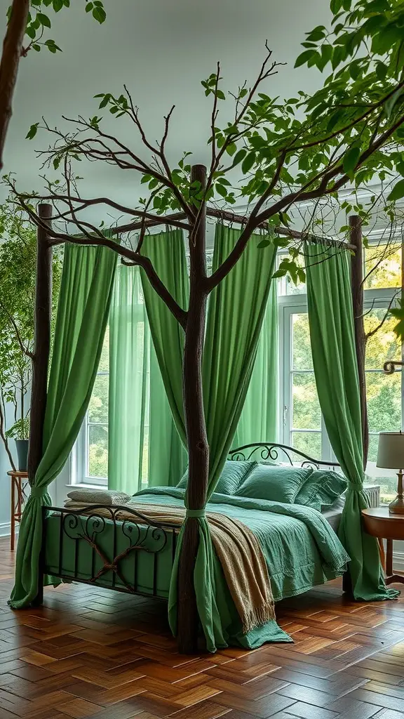 A cozy bedroom featuring a canopy bed inspired by tree branches, with green curtains and natural wood elements.