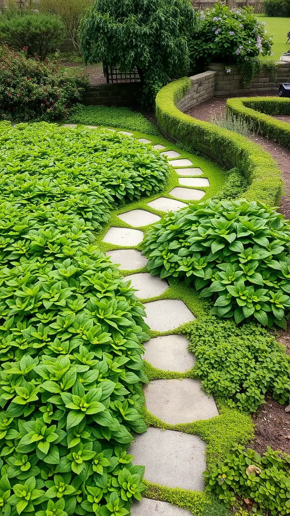 21 Creative Garden Border Ideas You Can Try Today 15 A garden pathway lined with lush green ground covers and stepping stones.