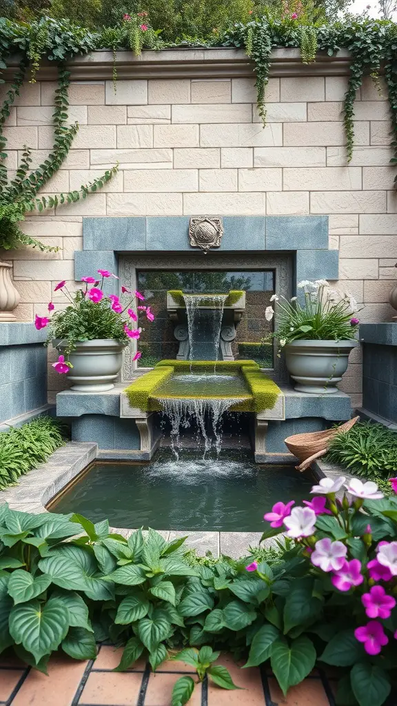 19 Creative Garden Wall Ideas to Transform Your Outdoor Space 12 A cascading water feature with a small waterfall flowing into a pond, surrounded by flowers and greenery.