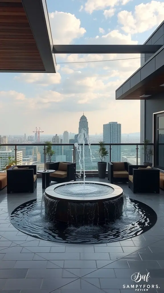 27 Stunning Rooftop Patio Designs for Your Outdoor Oasis 11 A modern rooftop patio featuring a circular water fountain surrounded by seating and a city skyline view.