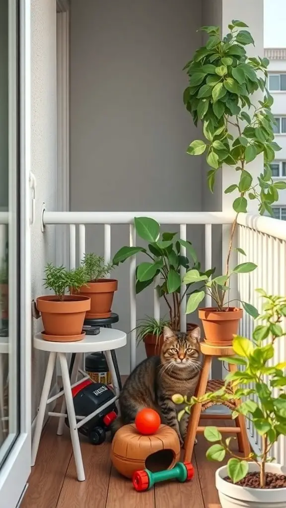 17 Purrfect Cat Apartment Ideas for Happy Felines 17 A cozy balcony with potted plants and a cat sitting beside a toy.