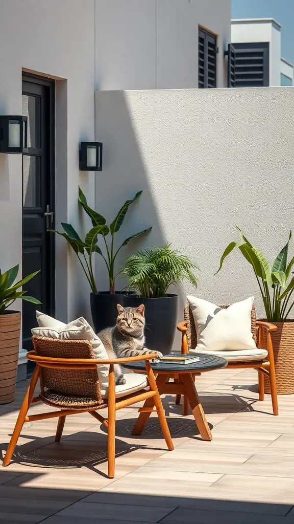 21 Creative Cat Friendly Patio Ideas for the Purrfect Outdoor Space 9 A cozy patio with wooden chairs, cushions, and potted plants, featuring a cat relaxing on one of the chairs.