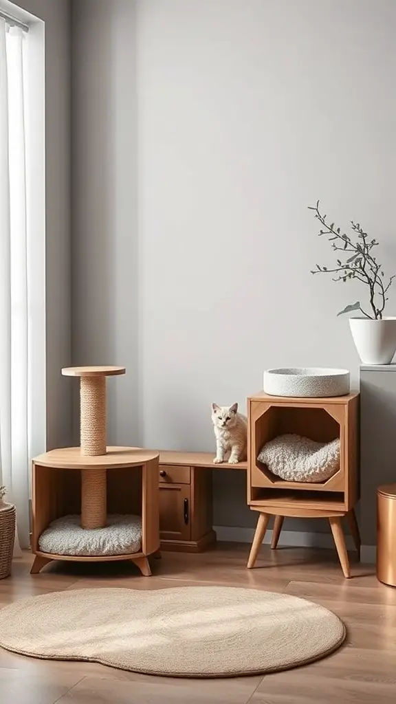 15 Creative Cat Room Ideas You’ll Love 2 A cozy cat-friendly room featuring wooden furniture, a cat tree, and a round rug.